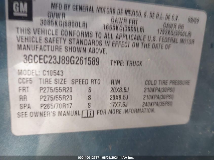 2009 Chevrolet Silverado 1500 Lt VIN: 3GCEC23J89G261589 Lot: 40012737