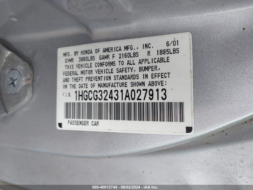 2001 Honda Accord 2.3 Lx VIN: 1HGCG32431A027913 Lot: 40012745