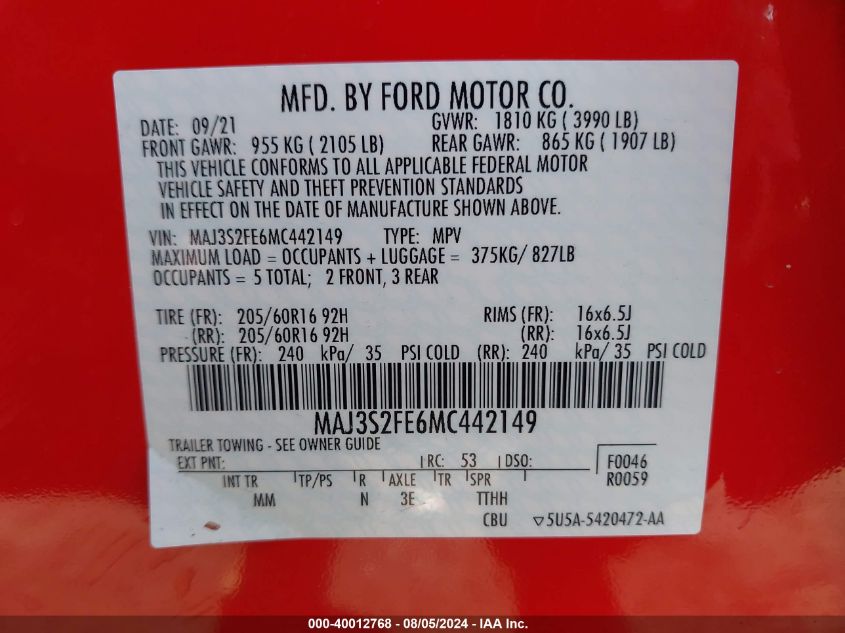 2021 Ford Ecosport S VIN: MAJ3S2FE6MC442149 Lot: 40012768