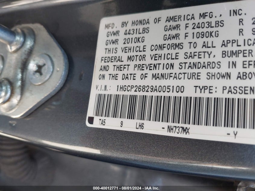2009 Honda Accord 2.4 Ex-L VIN: 1HGCP26829A005100 Lot: 40012771
