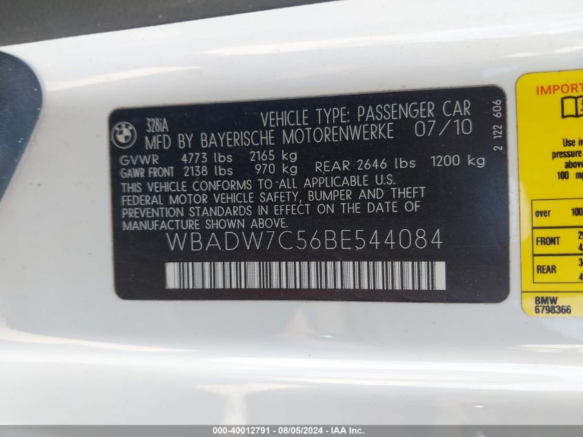 2011 BMW 328I I Sulev VIN: WBADW7C56BE544084 Lot: 40012791