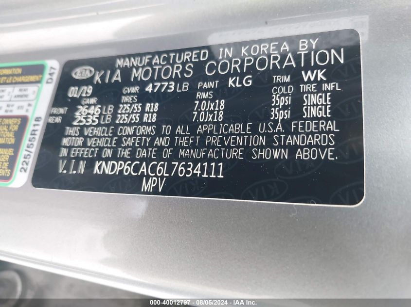 2020 Kia Sportage S VIN: KNDP6CAC6L7634111 Lot: 40012797