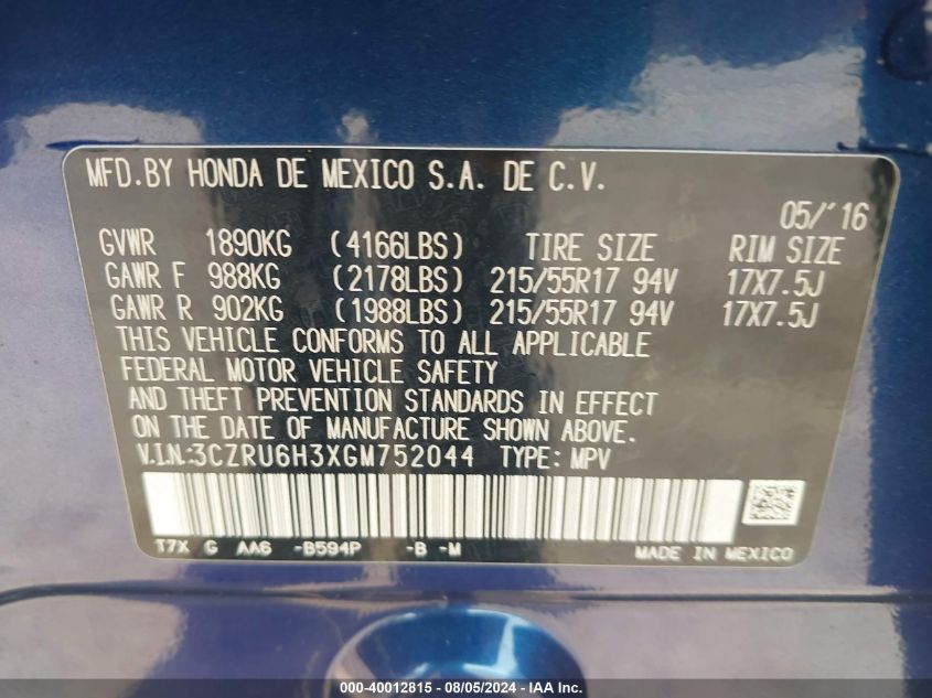 2016 Honda Hr-V Lx VIN: 3CZRU6H3XGM752044 Lot: 40012815