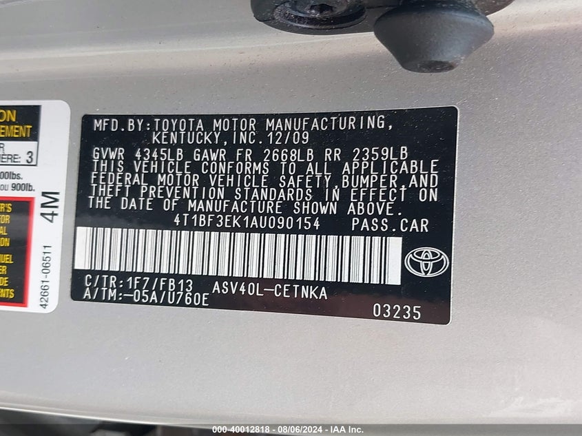 2010 Toyota Camry Le VIN: 4T1BF3EK1AU090154 Lot: 40012818