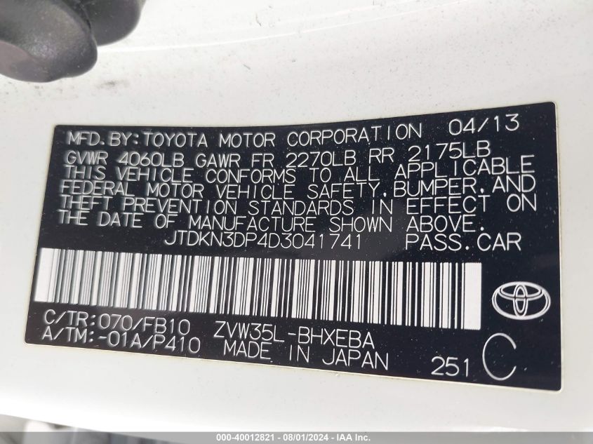 2013 Toyota Prius Plug-In VIN: JTDKN3DP4D3041741 Lot: 40012821