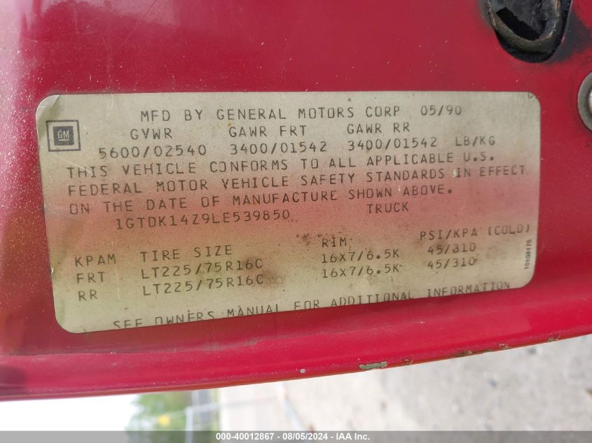 1990 GMC Sierra K1500 VIN: 1GTDK14Z9LE539850 Lot: 40012867