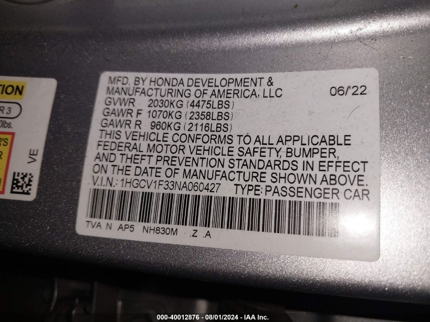 2022 Honda Accord Sport VIN: 1HGCV1F33NA060427 Lot: 40012876