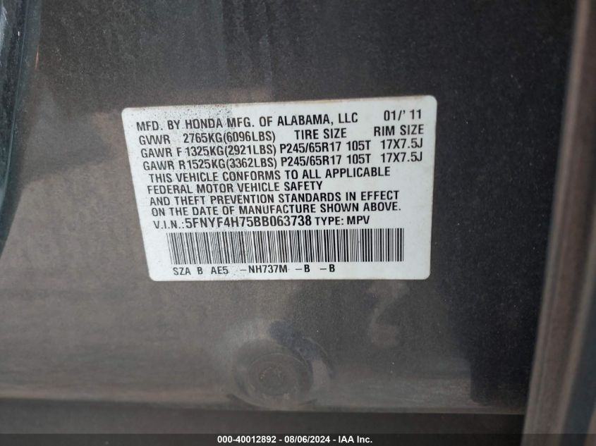 2011 Honda Pilot Ex-L VIN: 5FNYF4H75BB063738 Lot: 40012892