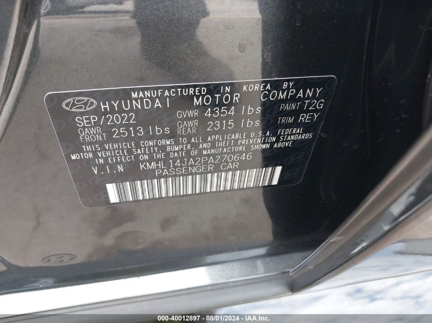 2023 Hyundai Sonata Sel VIN: KMHL14JA2PA270646 Lot: 40012897