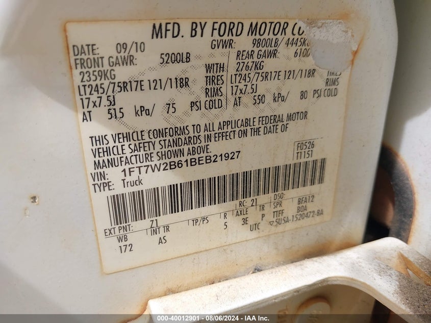 2011 Ford F-250 Xl VIN: 1FT7W2B61BEB21927 Lot: 40012901