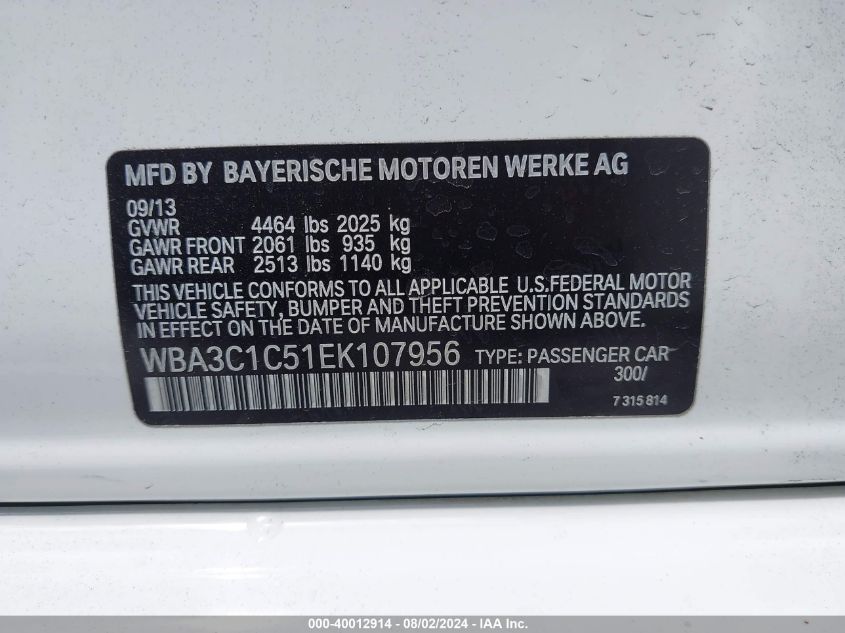 2014 BMW 328I VIN: WBA3C1C51EK107956 Lot: 40012914