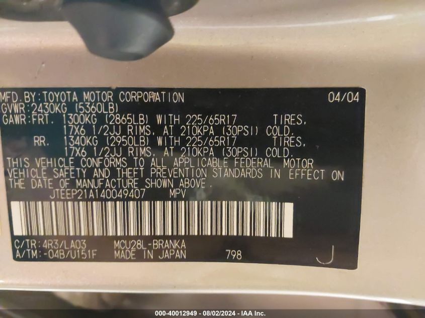 2004 Toyota Highlander Limited V6 VIN: JTEEP21A140049407 Lot: 40012949