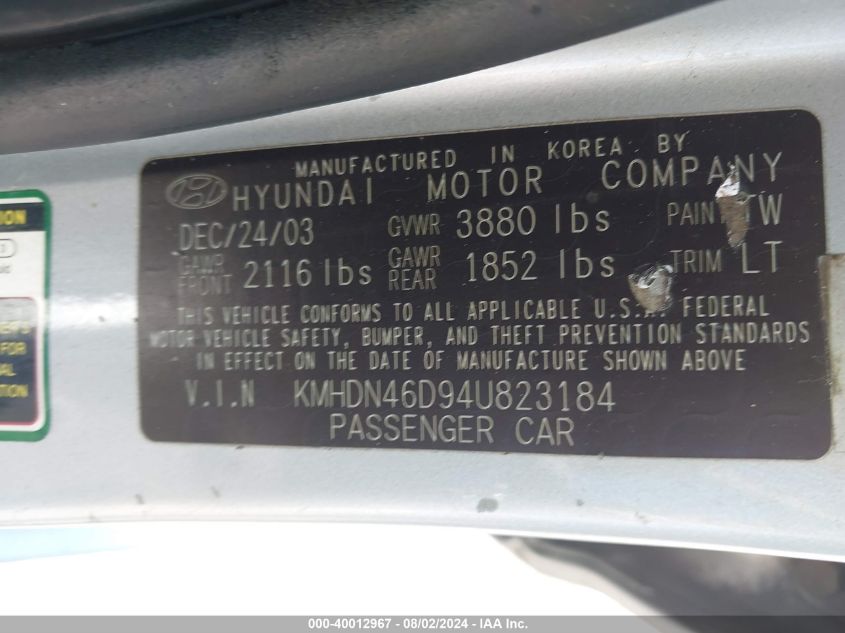 2004 Hyundai Elantra Gls/Gt VIN: KMHDN46D94U823184 Lot: 40012967