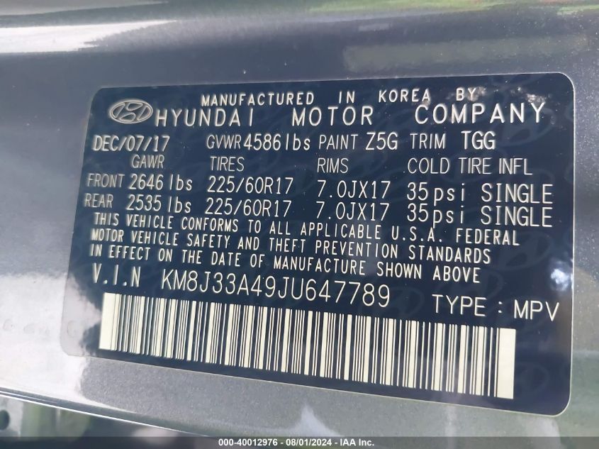 2018 Hyundai Tucson Sel VIN: KM8J33A49JU647789 Lot: 40012976