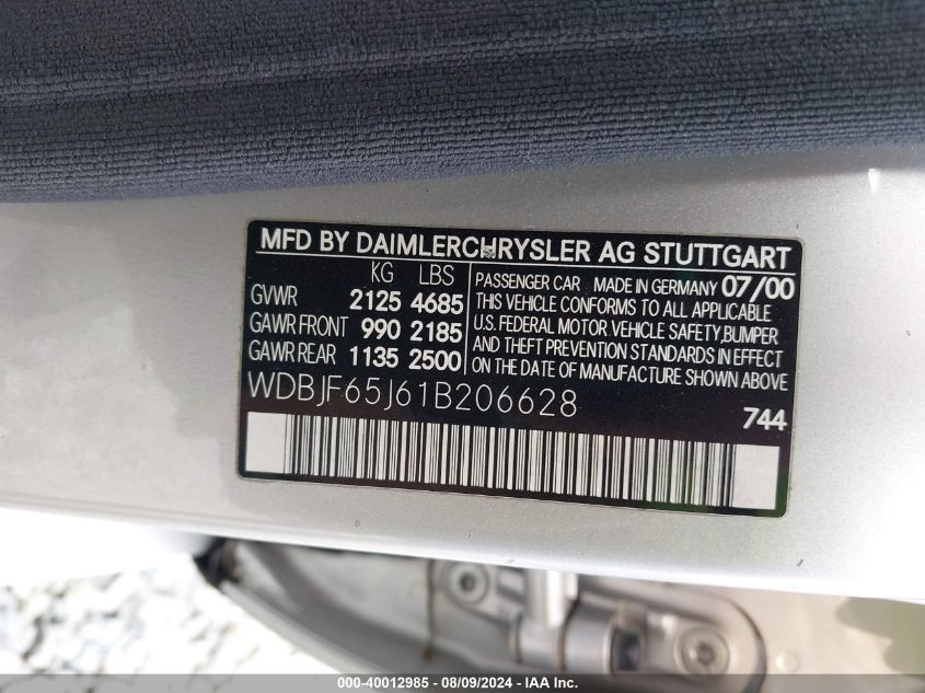 2001 Mercedes-Benz E 320 VIN: WDBJF65J61B206628 Lot: 40012985