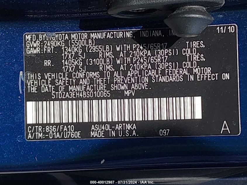 2011 Toyota Highlander VIN: 5TDZA3EH4BS010065 Lot: 40012987