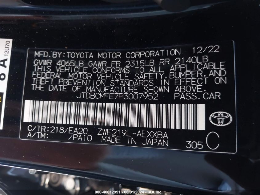 2023 TOYOTA COROLLA HYBRID XLE - JTDBCMFE7P3007952