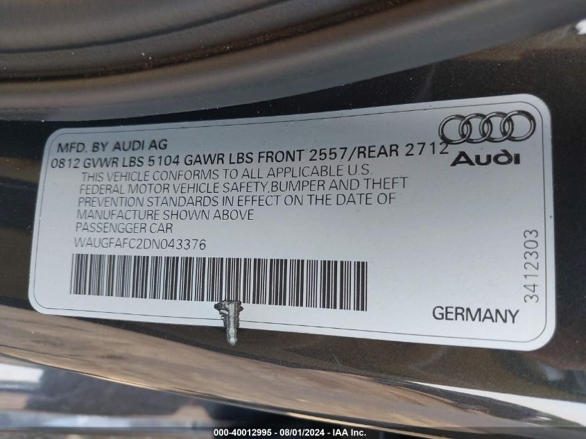 2013 Audi A6 2.0T Premium VIN: WAUGFAFC2DN043376 Lot: 40012995