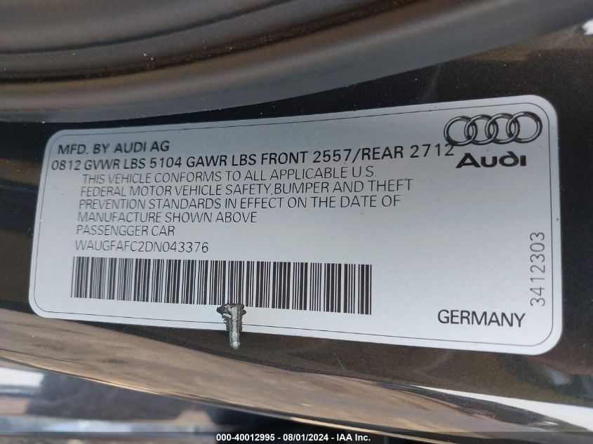 2013 AUDI A6 2.0T PREMIUM - WAUGFAFC2DN043376