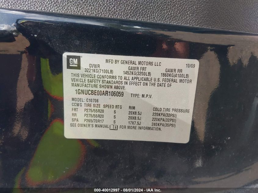 2010 Chevrolet Tahoe Lt VIN: 1GNUCBE00AR106059 Lot: 40012997