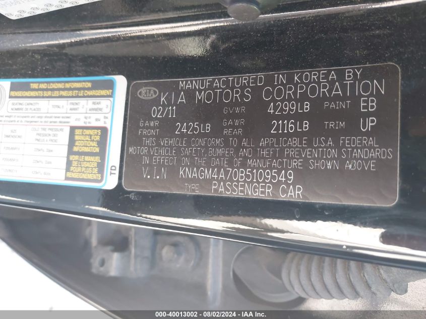 2011 Kia Optima Lx VIN: KNAGM4A70B5109549 Lot: 40013002