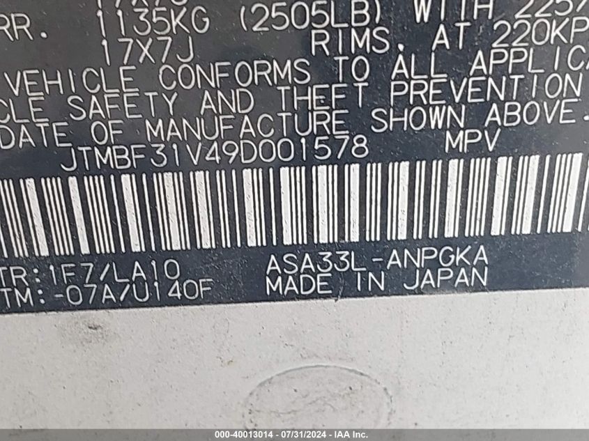 2009 Toyota Rav4 Limited VIN: JTMBF31V49D001578 Lot: 40013014