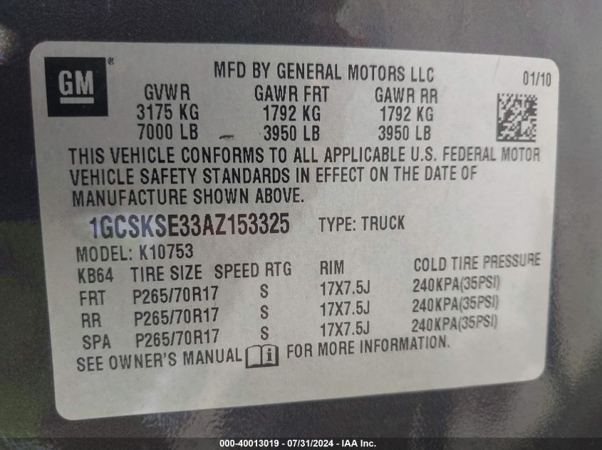 2010 Chevrolet Silverado 1500 Lt VIN: 1GCSKSE33AZ153325 Lot: 40013019