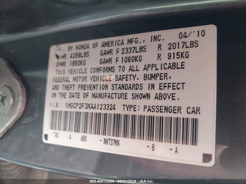 2010 Honda Accord 2.4 Lx VIN: 1HGCP2F3XAA123324 Lot: 40013054
