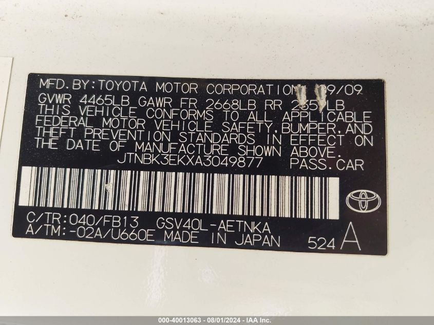 2010 Toyota Camry Le V6 VIN: JTNBK3EKXA3049877 Lot: 40013063