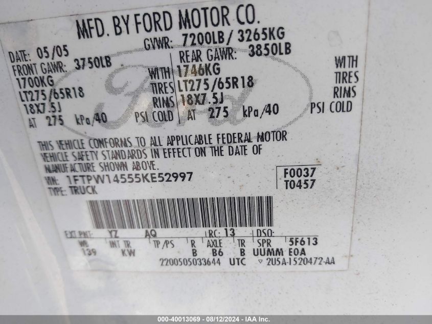 2005 Ford F150 Supercrew VIN: 1FTPW14555KE2997 Lot: 40013069