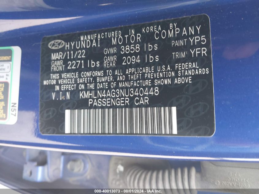 2022 Hyundai Elantra Sel VIN: KMHLN4AG3NU340448 Lot: 40013073