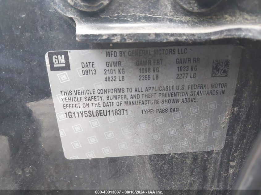2014 Chevrolet Impala 1Ls VIN: 1G11Y5SL6EU118371 Lot: 40013087