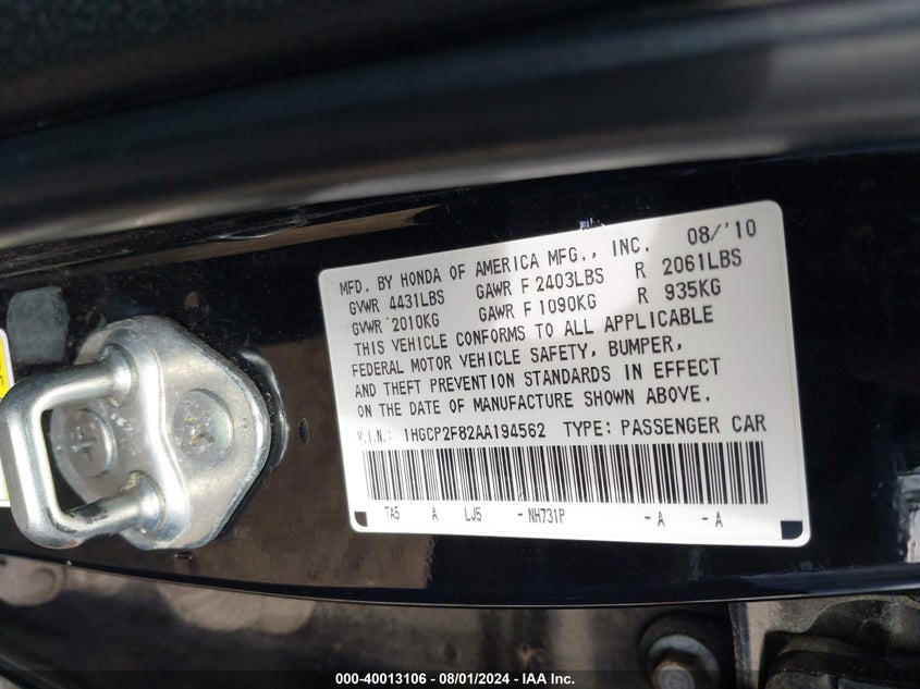 2010 Honda Accord Sdn 2.4 Ex-L/Ex-L VIN: 1HGCP2F82AA194562 Lot: 40013106