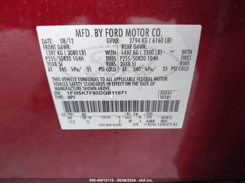 2013 Ford Explorer Limited VIN: 1FM5K7F80DGB11971 Lot: 40013115