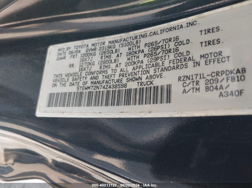 2004 Toyota Tacoma VIN: 5TEWM72N74Z438598 Lot: 40013127