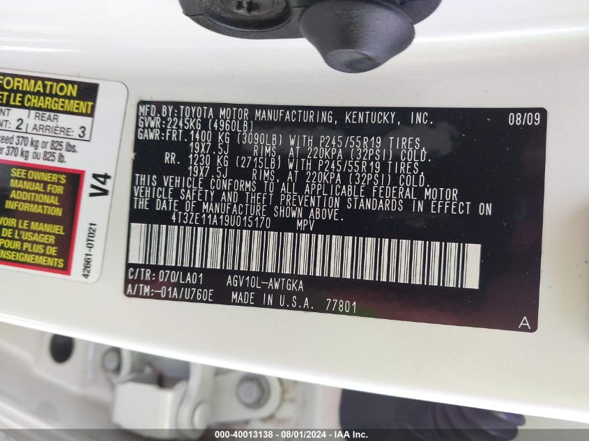 2009 Toyota Venza VIN: 4T3ZE11A19U015170 Lot: 40013138