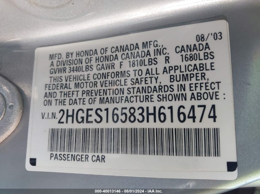2003 Honda Civic Lx VIN: 2HGES16583H616474 Lot: 40013146