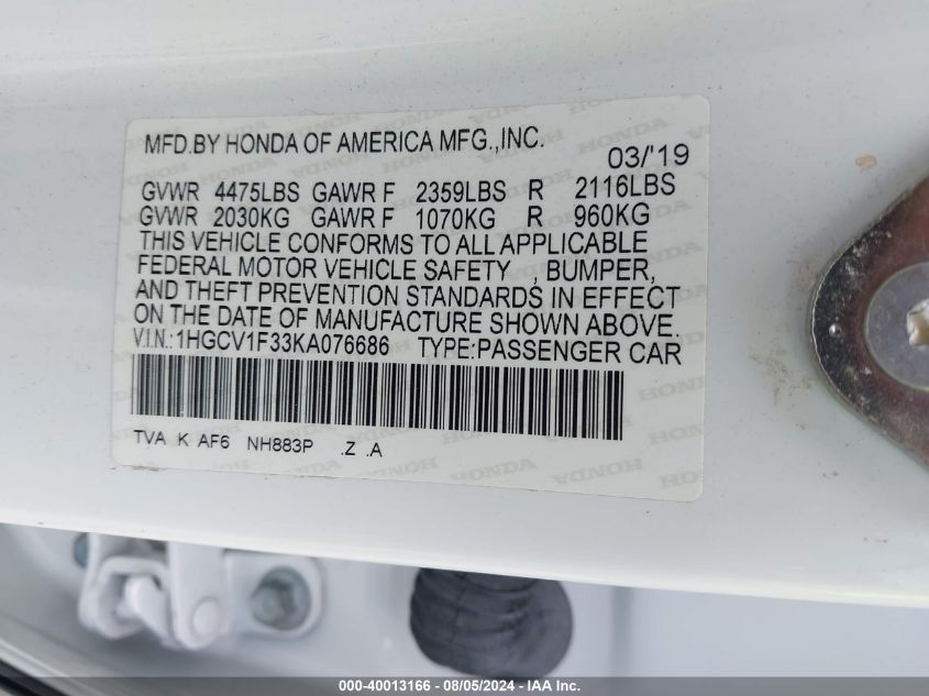 1HGCV1F33KA076686 2019 Honda Accord Sport