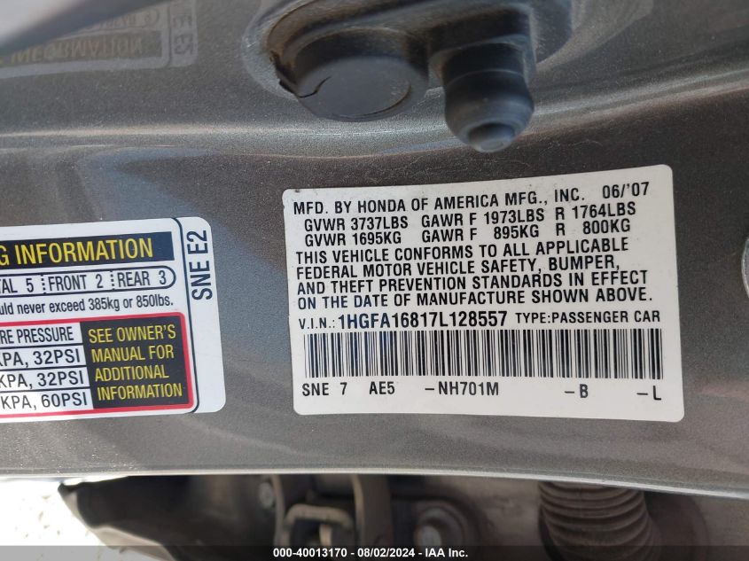 1HGFA16817L128557 2007 Honda Civic Ex