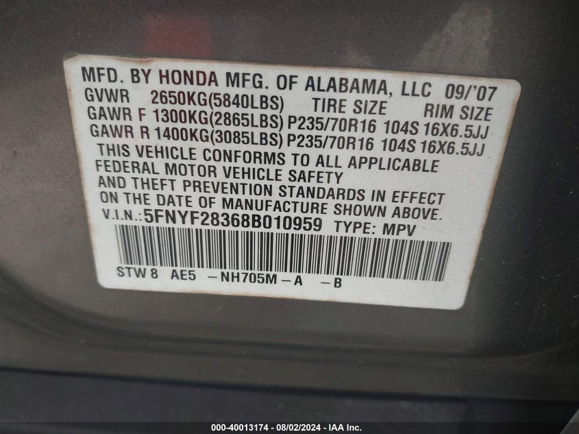 2008 Honda Pilot Se VIN: 5FNYF28368B010959 Lot: 40013174