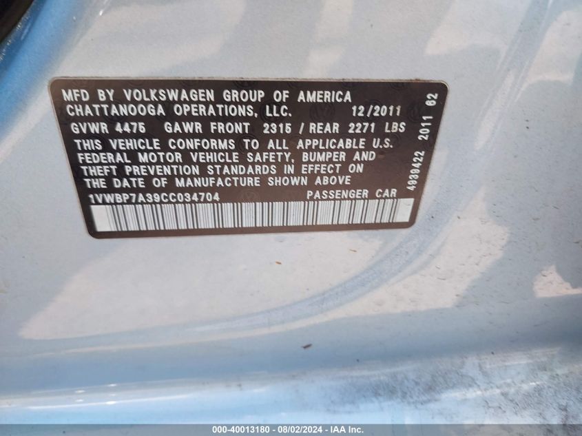 2012 Volkswagen Passat Se VIN: 1VWBP7A39CC034704 Lot: 40013180