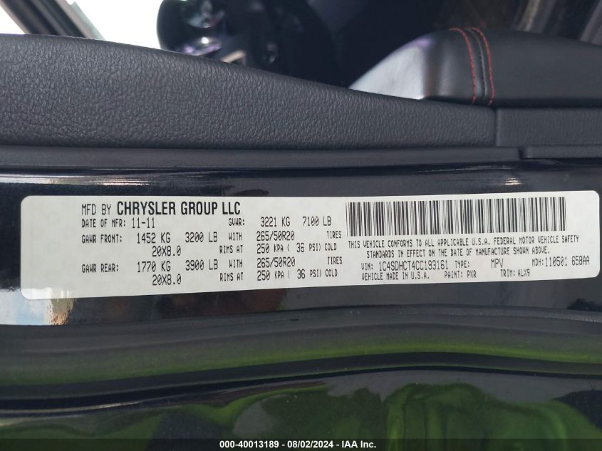 2012 Dodge Durango R/T VIN: 1C4SDHCT4CC193161 Lot: 40013189