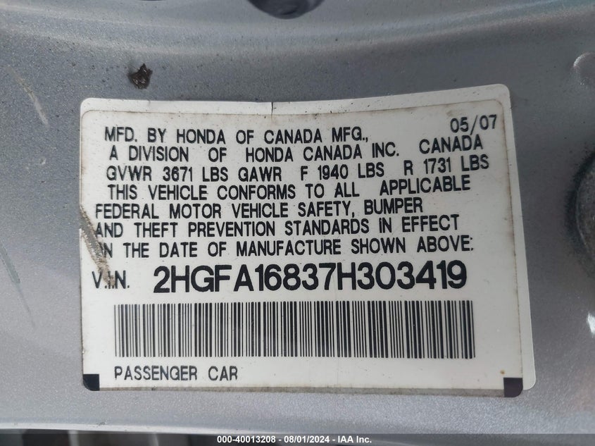 2007 Honda Civic Ex VIN: 2HGFA16837H303419 Lot: 40013208