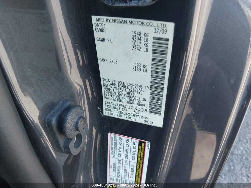 2010 Nissan Altima 2.5 S VIN: 1N4AL2EP9AC123038 Lot: 40013212