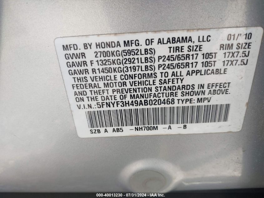 2010 Honda Pilot Ex VIN: 5FNYF3H49AB020468 Lot: 40013230