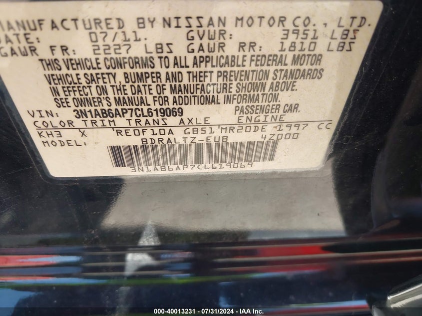 2012 Nissan Sentra 2.0 Sr VIN: 3N1AB6AP7CL619069 Lot: 40013231