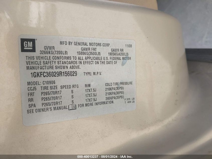 2009 GMC Yukon Xl 1500 Slt1/Slt2 VIN: 1GKFC36029R156029 Lot: 40013237