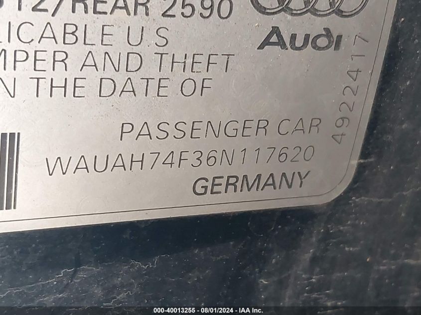 2006 Audi A6 3.2 VIN: WAUAH74F36N117620 Lot: 40013255