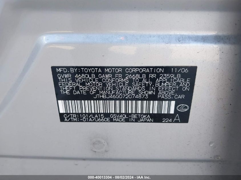 2007 Lexus Es 350 VIN: JTHBJ46G072074873 Lot: 40013304