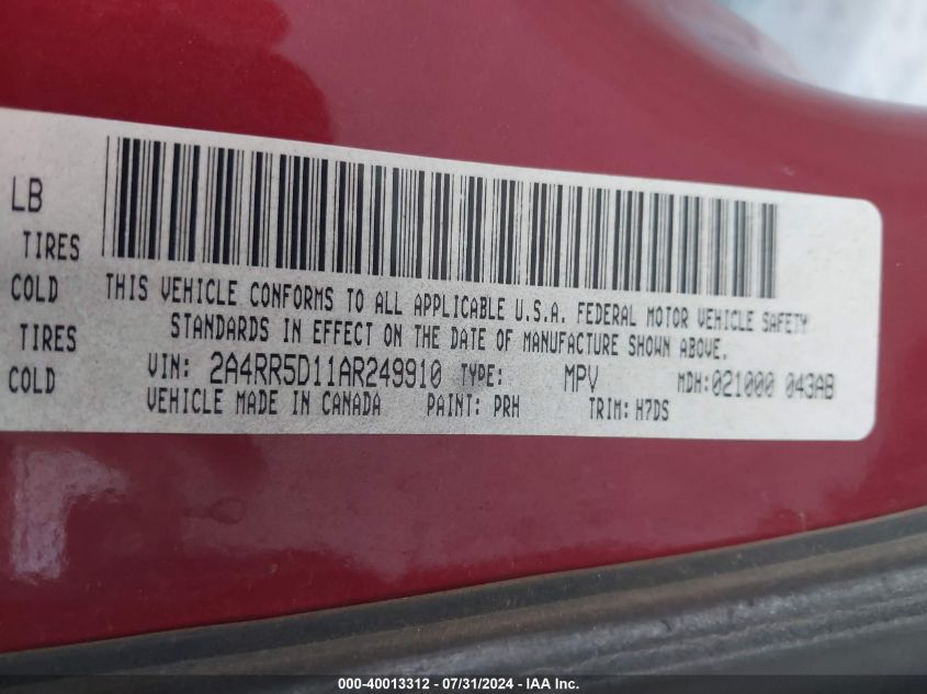 2010 Chrysler Town & Country Touring VIN: 2A4RR5D11AR249910 Lot: 40013312